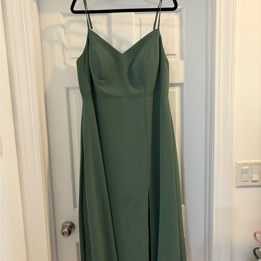 Azazie Sage Green Midi Dress with Spaghetti Straps